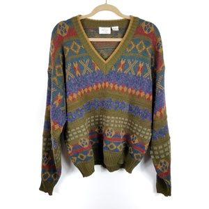 80s 90s VINTAGE | V-Neck Printed Retro Sweater L